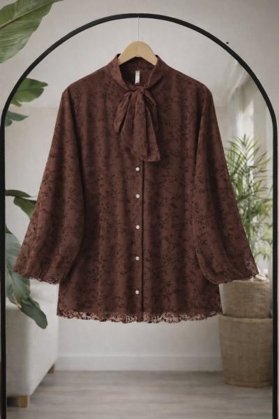 Yaka fiyonklu astarlı tül tunik kahverengi TB8058