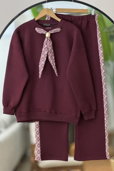 Yaka fularlı  Üçiplik ikili Takım Bordo SL30557