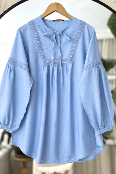 Yaka kol dantel Detaylı Tunik Mavi  TCN4093