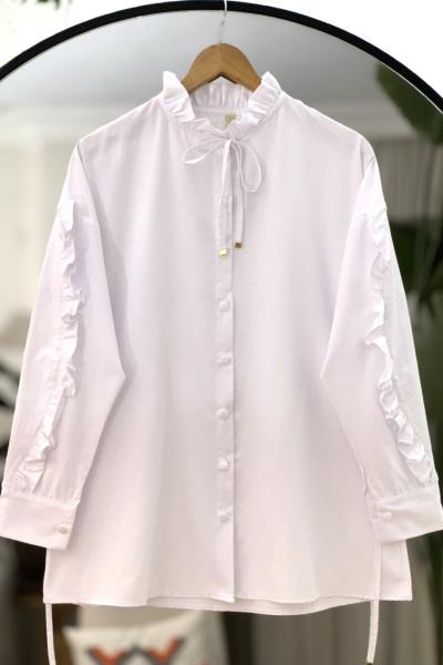 Yaka kol fırfırlı Kuşaklı Tunik Gömlek Beyaz TB8027