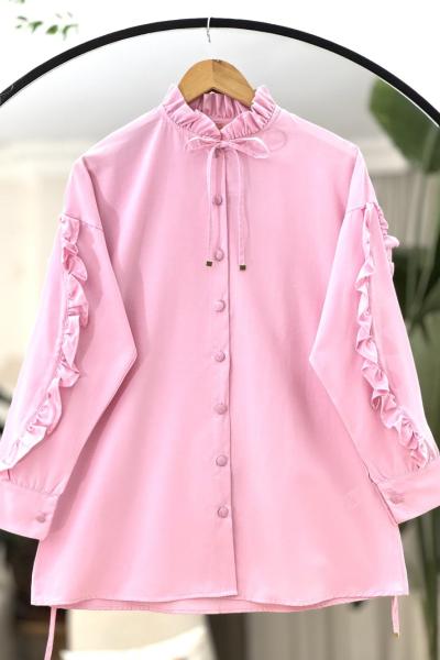 Yaka kol fırfırlı Kuşaklı Tunik Gömlek Pembe TB8027