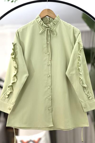 Yaka kol fırfırlı Kuşaklı Tunik Gömlek Yeşil TB8027