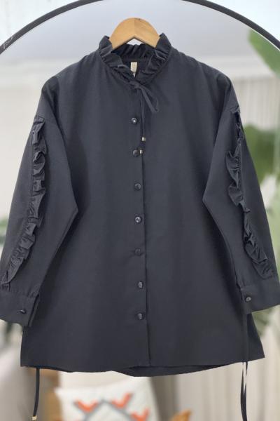 Yaka kol fırfırlı Kuşaklı Tunik Gömlek Siyah TB8027