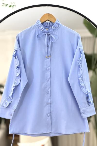 Yaka kol fırfırlı Kuşaklı Tunik Gömlek Mavi TB8027