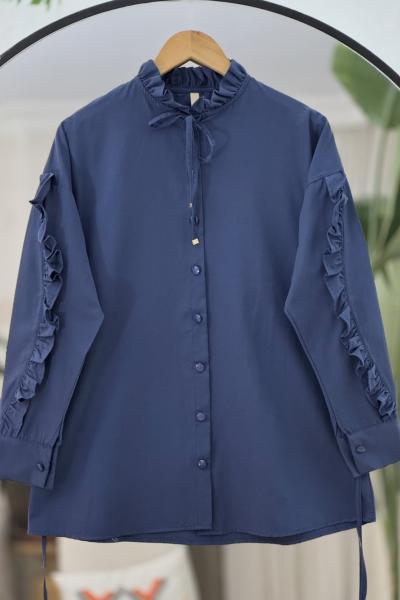 Yaka kol fırfırlı Kuşaklı Tunik Gömlek Lacivert TB8027