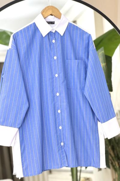 Yaka kol manşetli  çizgili gömlek İndigo  NEW6038