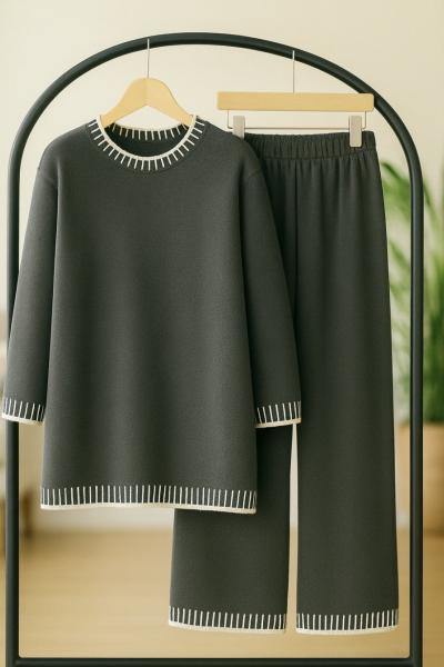 Yaka kol piyano örgü triko Takım Antrasit TCN40134