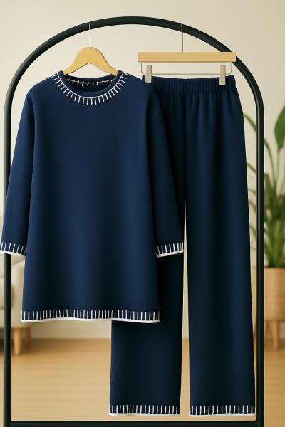 Yaka kol piyano örgü triko Takım Lacivert TCN40134