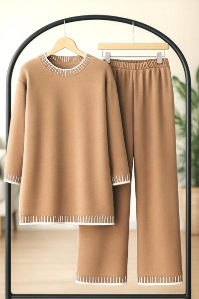 Yaka kol piyano örgü triko Takım Camel TCN40134