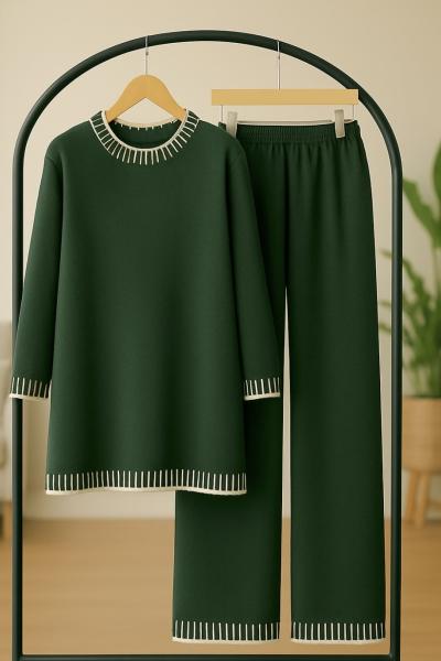 Yaka kol piyano örgü triko Takım Yeşil  TCN40134