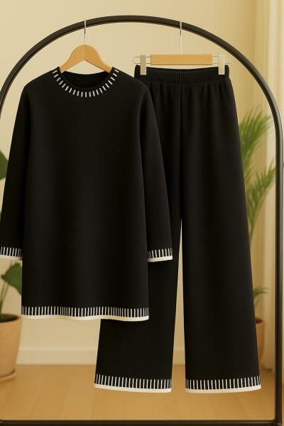 Yaka kol piyano örgü triko Takım Siyah TCN40134