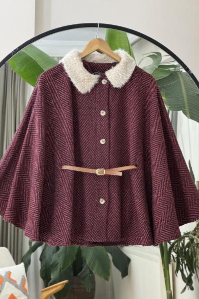 Yaka kürklü Kemerli kaşe panco Bordo NW6066