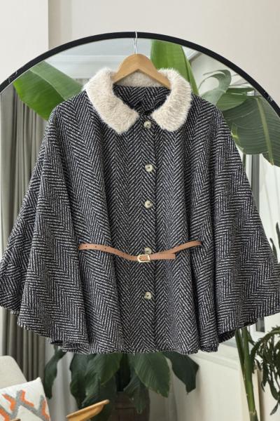 Yaka kürklü Kemerli kaşe panco Antrasit NW6066