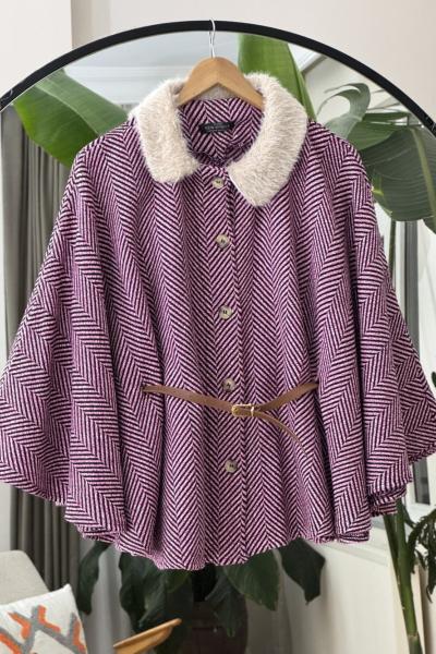 Yaka kürklü Kemerli kaşe panco Fuşya NW6066