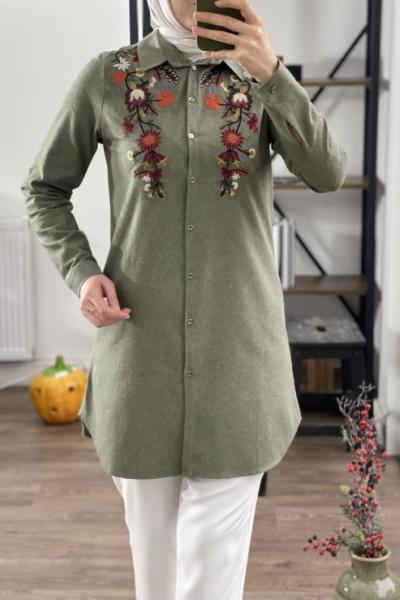 Yaka nakışlı yün kaşmir gömlek tunik 1406