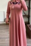 Yaka nakışlı elbise pembe 1839