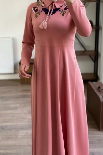 Yaka nakışlı elbise pembe 1839