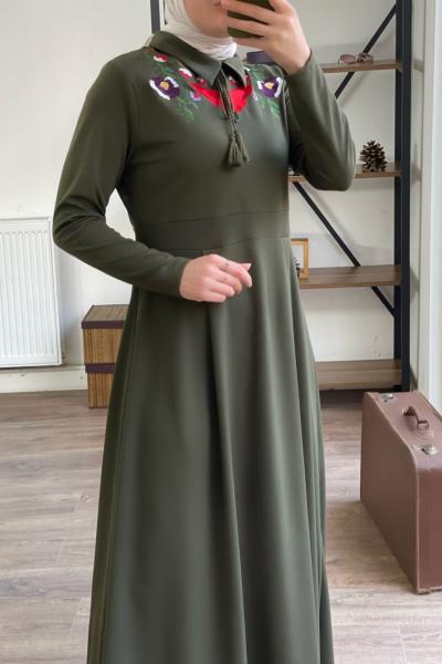 Yaka nakışlı elbise haki yeşil 1839