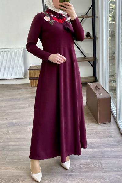 Yaka nakışlı elbise mürdüm 1839