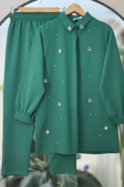 Yaka ön renkli Taş işlemeli Takım  Yeşil YRN30334
