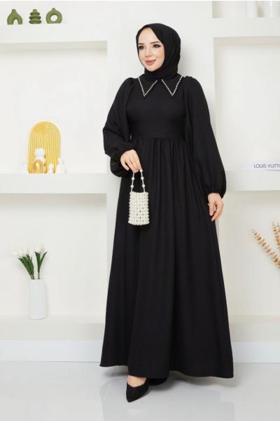 Yaka Taş İşlemeli Keten Elbise Siyah NEW30294