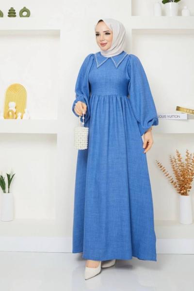 Yaka Taş İşlemeli Keten Elbise mavi NEW30294