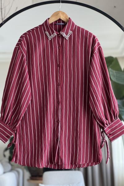 Yaka taşlı Kol bağcıklı Çizgili Tunik Bordo NEW6044