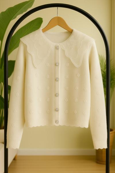 Yaka Tül Nakış işlemeli Yumoş triko Hırka Ekru SLT8044