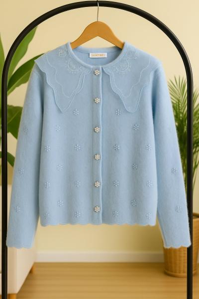 Yaka Tül Nakış işlemeli Yumoş triko Hırka Mavi SLT8044