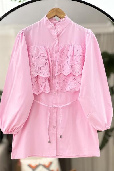 Yaka ve önü dantelli tunik Pembe YR30540
