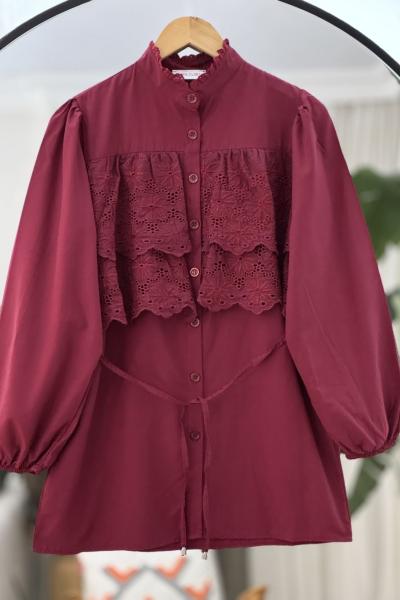 Yaka ve önü dantelli tunik bordo YR30540