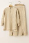 Yaka ve paça fermuarlı triko Takım Bej NS9031