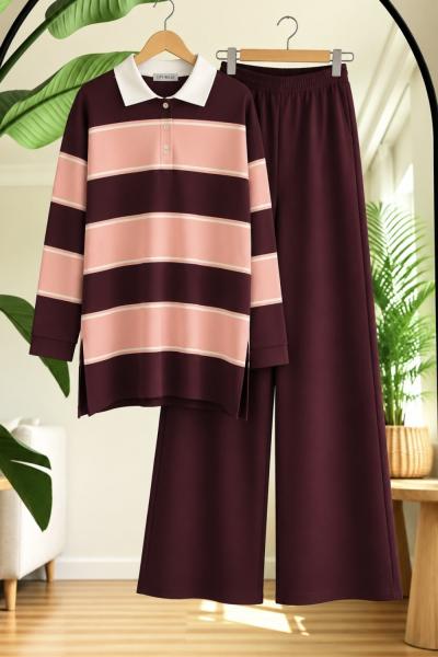 Yakalı çizgili pantolon Takım Bordo HT2713