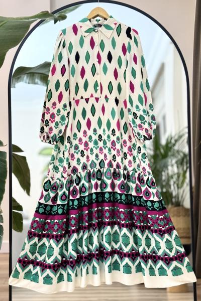 Yakalı Düğmeli Tamboy  Elbise  Yeşil UMS50172