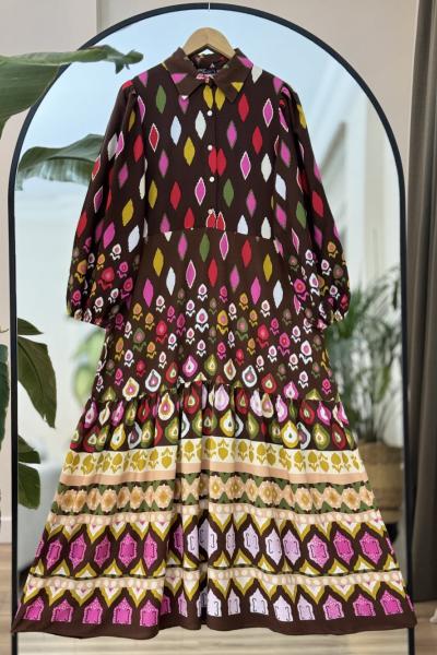 Yakalı Düğmeli Tamboy  Elbise Kahve  UMS50172