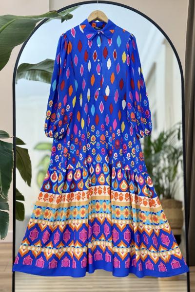 Yakalı Düğmeli Tamboy  Elbise Saks UMS50172