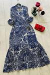 Yakalı Şal Desen Viskon Elbise İndigo UMS1171