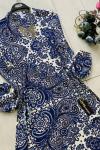 Yakalı Şal Desen Viskon Elbise İndigo UMS1171