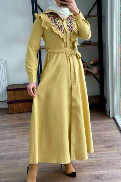 Yakası fırfırlı nakışlı yün kaşmir elbise Slt 1465