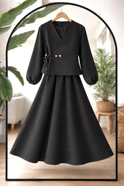 Yan bağlamalı yelek Bellastikli elbise Takım Siyah BK9548