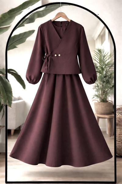 Yan bağlamalı yelek Bellastikli elbise Takım Bordo BK9548