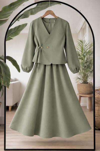 Yan bağlamalı yelek Bellastikli elbise Takım Yeşil  BK9548
