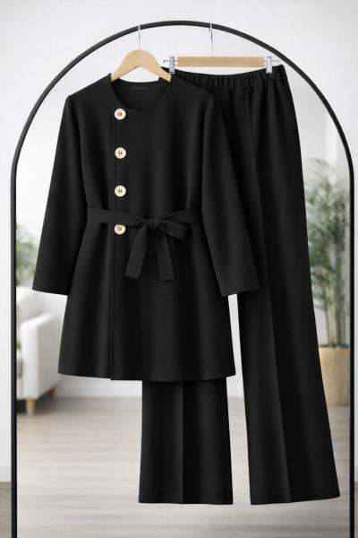 Yan Düğmeli Kuşaklı Takım Siyah TCN40151