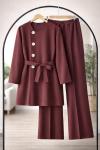 Yan Düğmeli Kuşaklı Takım  Bordo TCN40151
