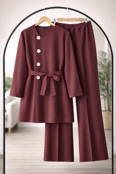 Yan Düğmeli Kuşaklı Takım  Bordo TCN40151