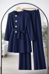 Yan Düğmeli Kuşaklı Takım İndigo TCN40151