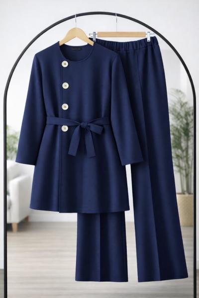 Yan Düğmeli Kuşaklı Takım İndigo TCN40151