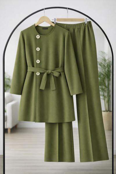 Yan Düğmeli Kuşaklı Takım Yeşil TCN40151