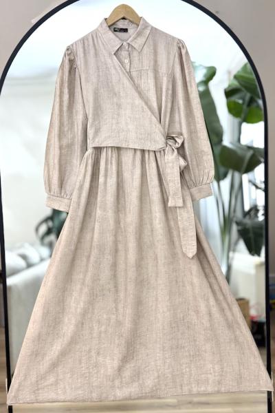 Yandan Bağlamalı Elbise Bej UMS50242