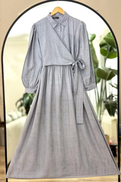 Yandan Bağlamalı Elbise Gri UMS50242